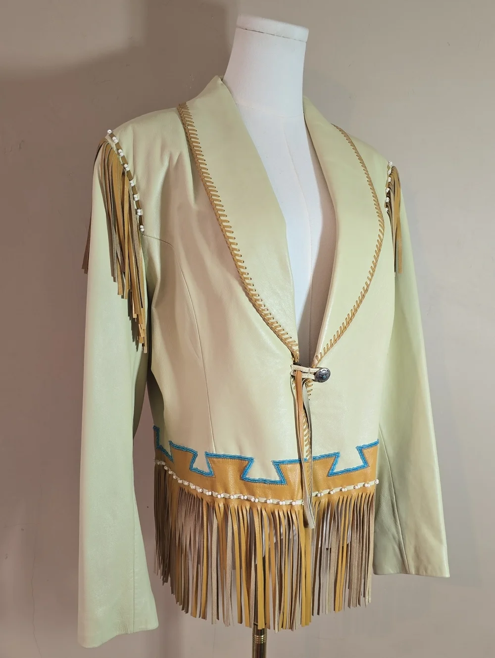 Fringed Pale Yellow Faux Leather Jacket with Turquoise Trim - Picture 3 of 15